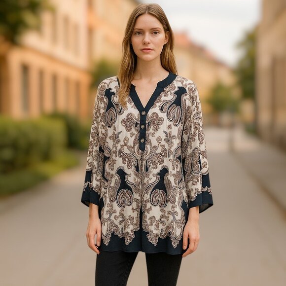 2 for/$30 CLEO Paisley Pattern V-Neck Long Tunic Taupe Black Cream Size Larges - Picture 1 of 10